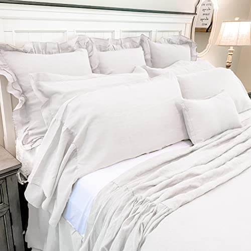 Provincial Linen White Ruffled King Bedspread with Ruffled Skirt, 100% Linen