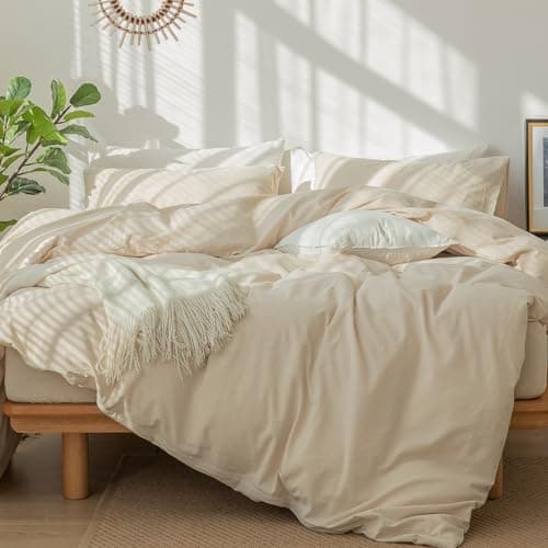 MooMee Bedding Duvet Cover Set in Brown, Queen Size 100% Washed Cotton Linen Like Textured Breathable and Durable Soft Comfy