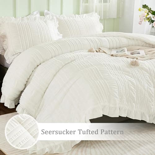 WONGS BEDDING Queen Shabby Chic Comforter Set 3 Pieces Ruffle SeersuckerTextures