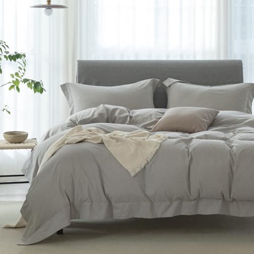 100% Washed Cotton Linen Like King Duvet Cover Set - Ultra Soft & Breathable, 3 Pieces (Off White)