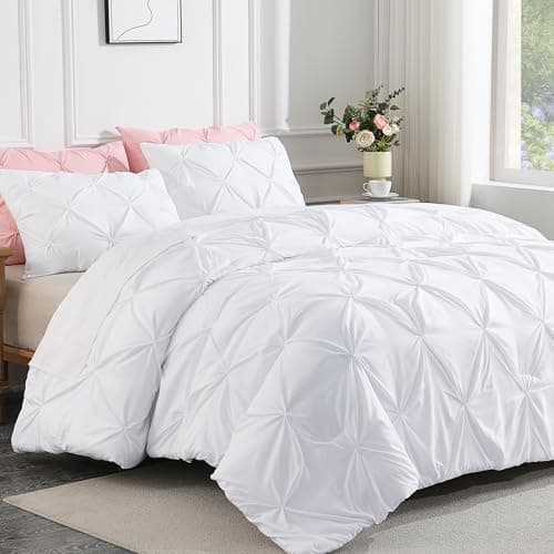 Andency White Queen Size Comforter Set, 3-Piece Cute Pinch Pleat bedding