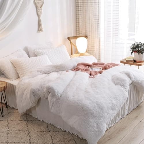 Fluffy White Duvet Cover Set for Twin Bed, 2 Pieces (1 Faux Fur Duvet Cover + 1 Plush Pillow Cases)