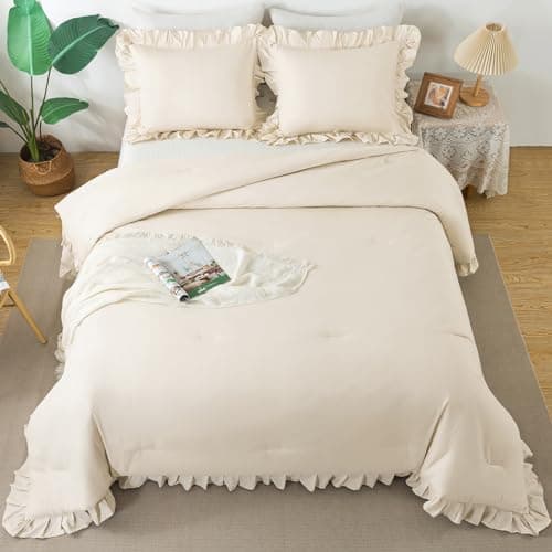 Andency Khaki Queen Comforter Set, 3 Pieces Shabby Chic Bedding