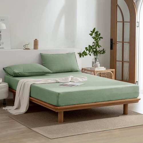 100% French Stonewash Pure Linen Sheets Set - 4Pieces (Queen Size) - Saga Green