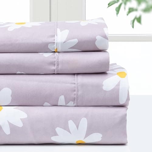Pointehaven King Bed Sheet Set - 4 Pieces Microfiber Bedding (King Daisy)