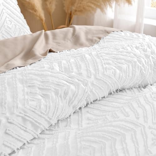 Andency Queen Comforter Set Beige, 3 Pieces Tufted Farmhouse Bedding