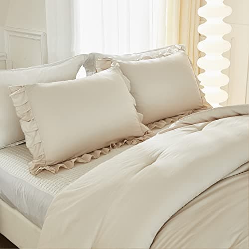 Litanika Queen Beige Ruffle Comforter Set, 3 Pieces, Fluffy Bedding