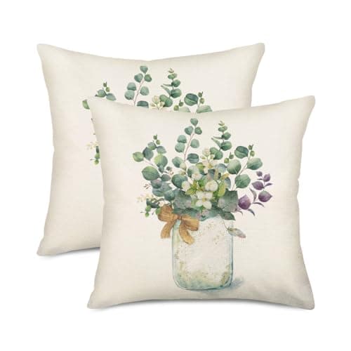 Set of 2 Eucalyptus Pillow Covers 22x22 Inch - Farmhouse Decorations