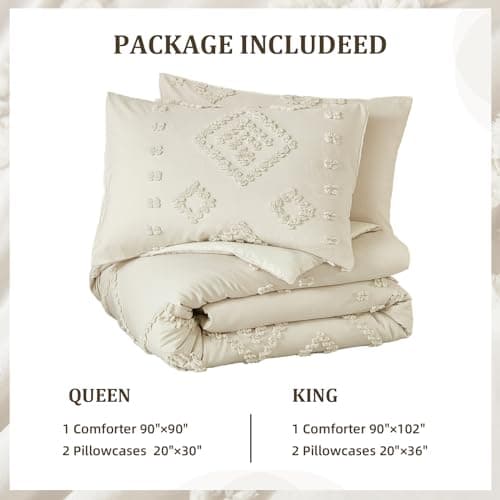 Dinjoy Shabby Chic Cream/Beige Boho Comforter Set Queen 3 Pieces Soft Fluffy