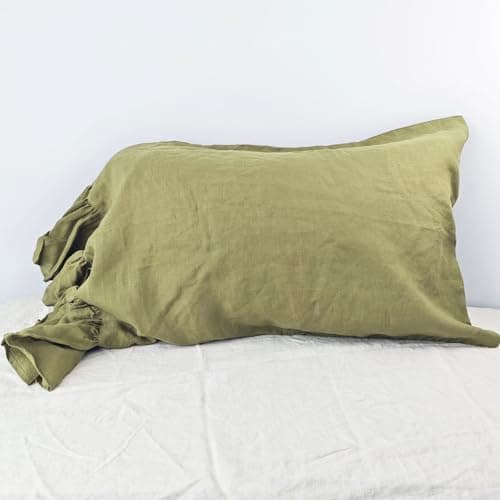100% French Linen Queen Size Ruffled Pillowcase, Flax Flavoured (1 Pack)