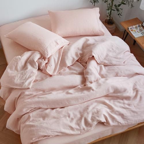 Sijo Stone Washed Organic French Linen Bed Sheet Set, GOTS Certified (Blush, Queen)