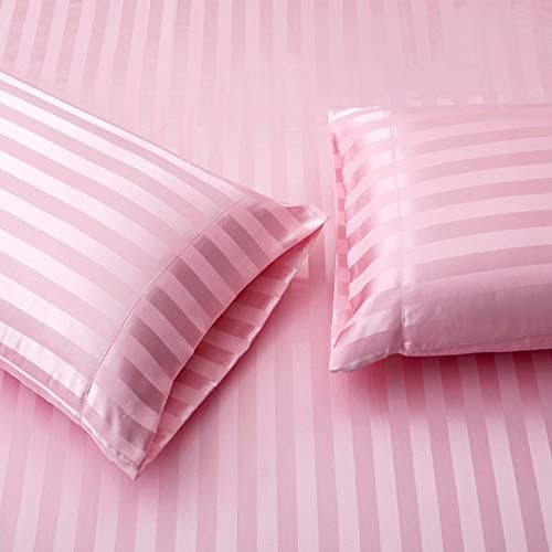 Soft Pink Silk Satin Sheets, Hypoallergenic Full Size Bedding Set, 4 Piece, Deep Pocket