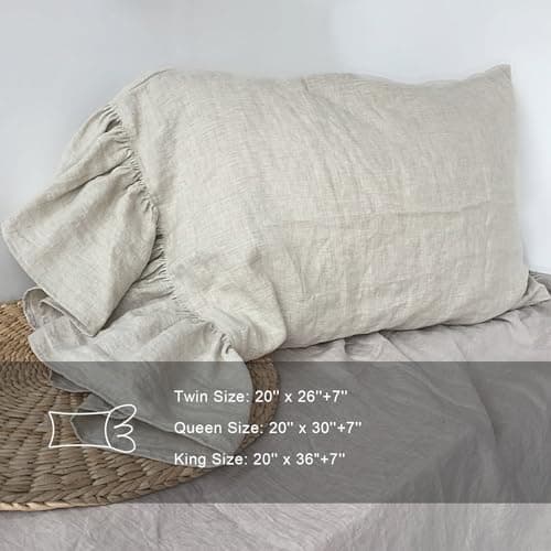100% French Linen Queen Size Ruffled Pillowcase, Flax Flavoured (1 Pack)