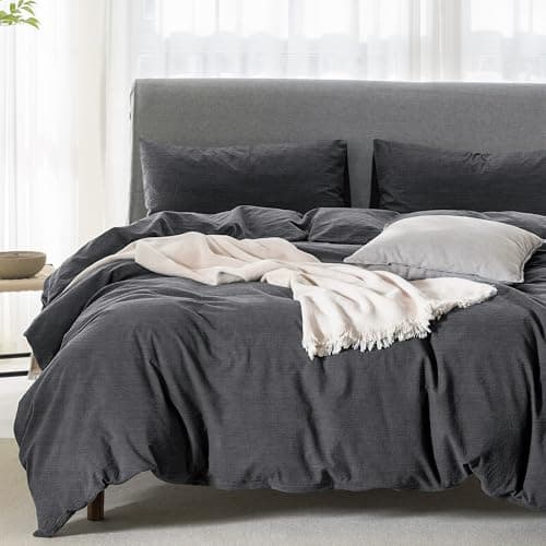 100% Washed Cotton Linen Like King Duvet Cover Set - Ultra Soft & Breathable, 3 Pieces (Off White)