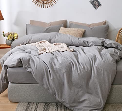 MooMee Bedding Duvet Cover Set in Brown, Queen Size 100% Washed Cotton Linen Like Textured Breathable and Durable Soft Comfy