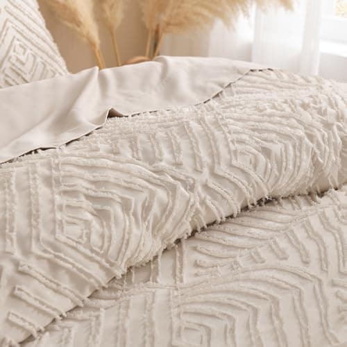 Andency Queen Comforter Set Beige, 3 Pieces Tufted Farmhouse Bedding
