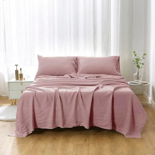 Breathable Cotton Linen King Bed Sheets, 4 Piece Set