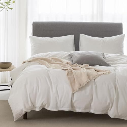 100% Washed Cotton Linen Like King Duvet Cover Set - Ultra Soft & Breathable, 3 Pieces (Off White)