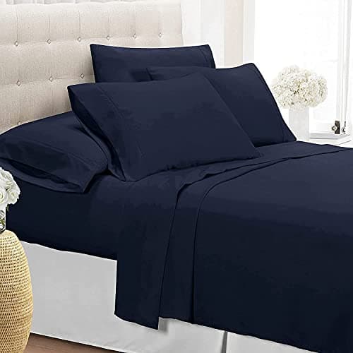 100% Organic Cotton Full-XL Bed Sheets & Pillowcases - Navy Blue, 12" Deep Pocket Fit, Luxury Soft 6-Piece Set