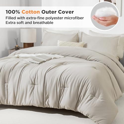 Grey Cotton Comforter Queen Size, Breathable Bedding Sets 3 Pieces for All Season