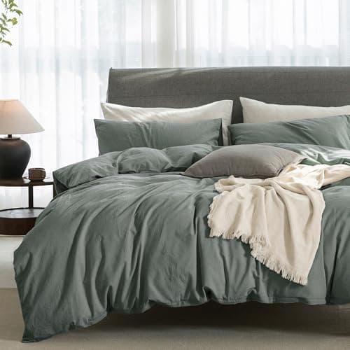 100% Washed Cotton Linen Like King Duvet Cover Set - Ultra Soft & Breathable, 3 Pieces (Off White)