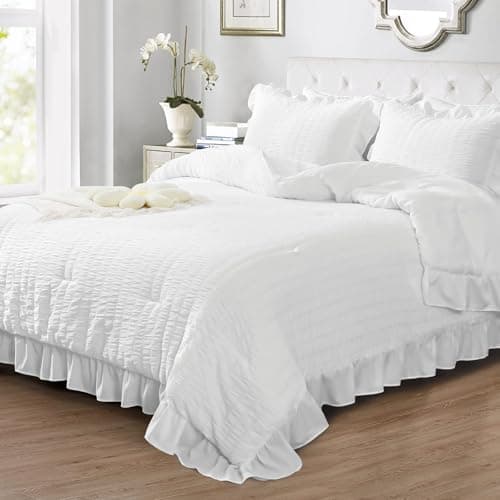 JOLLYVOGUE Beige Queen Seersucker Comforter Set with Ruffles