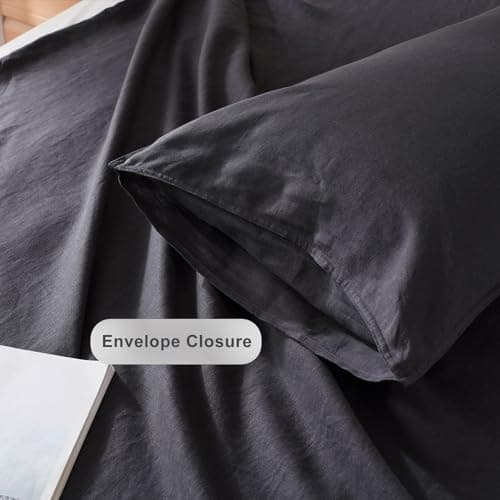 TOSMO Stone Washed 100% Linen Pillowcase Set, Charcoal Grey, 20" x 26"