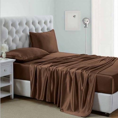 Soft Pink Silk Satin Sheets, Hypoallergenic Full Size Bedding Set, 4 Piece, Deep Pocket