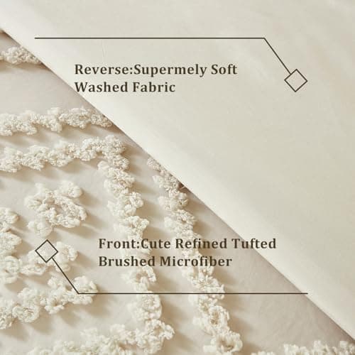 Dinjoy Shabby Chic Cream/Beige Boho Comforter Set Queen 3 Pieces Soft Fluffy