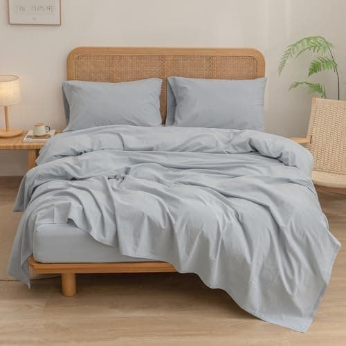 BESTOUCH Cornflower Blue King 4 Pcs Washed Cotton Linen Feel Sheet Set