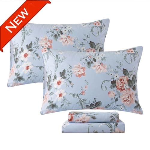 Queen Percale Cotton Sheets Set, Luxury Vintage Roses Floral, Deep Pocket Fitted, Super Soft & Breathable, 4pcs