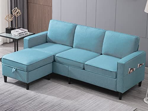 Convertible L-Shaped Linen Couch with Reversible Ottoman