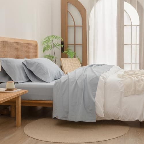 BESTOUCH Cornflower Blue King 4 Pcs Washed Cotton Linen Feel Sheet Set