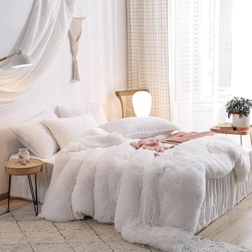 Fluffy White Duvet Cover Set for Twin Bed, 2 Pieces (1 Faux Fur Duvet Cover + 1 Plush Pillow Cases)