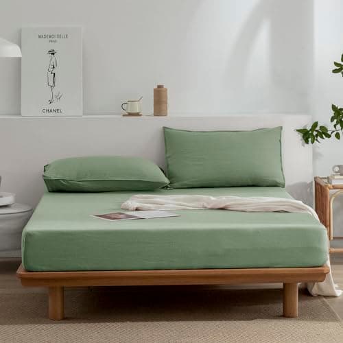 100% French Stonewash Pure Linen Sheets Set, 4Pieces, Suitable for Hot Sleepers, Saga Green, King Size