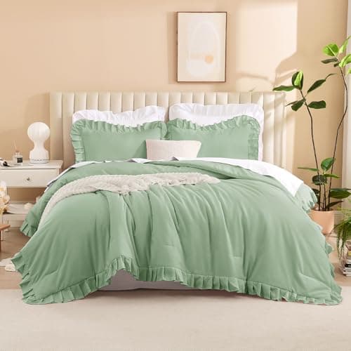 Litanika Queen Beige Ruffle Comforter Set, 3 Pieces, Fluffy Bedding
