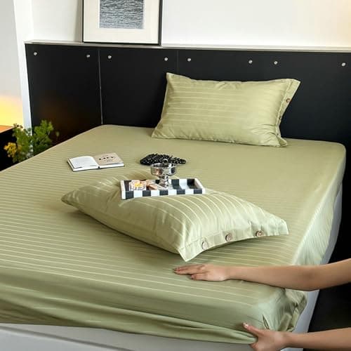 Light Green Thin Stripe 59"x79" Long Staple Cotton Queen 3 Piece Sheet Set