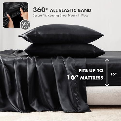 Madison Park Essentials Full Black Satin Sheet Set - Luxury, Elastic Fit up to 16" Mattresses