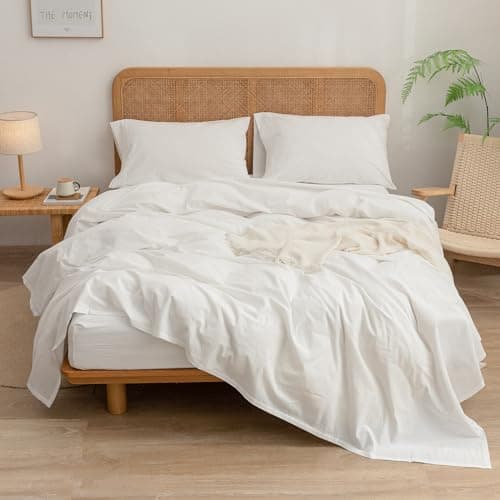 BESTOUCH Washed Cotton Linen Feel Queen Sheet Set 4 Pcs Solid Off White