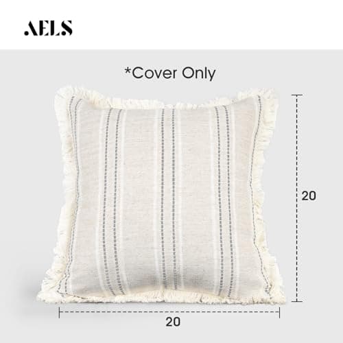 20x20 Beige Fringe Pillow Covers with White & Gray Stripe, Farmhouse Boho Style (Cover Only)