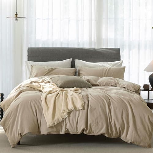100% Washed Cotton Linen Like King Duvet Cover Set - Ultra Soft & Breathable, 3 Pieces (Off White)