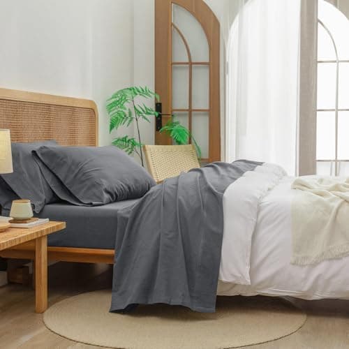BESTOUCH Solid Linen Grey Queen Sheet Set 100% Washed Cotton