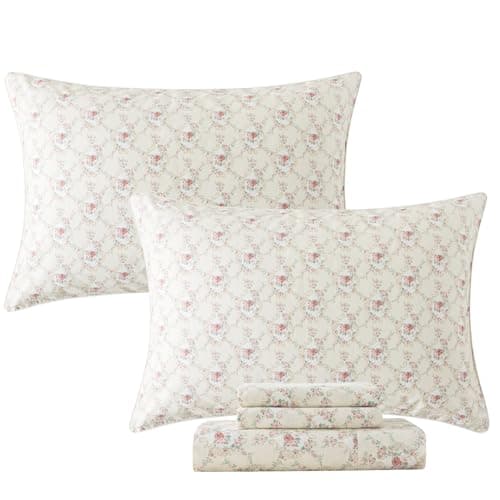 Queen Percale Cotton Sheets Set, Luxury Vintage Roses Floral, Deep Pocket Fitted, Super Soft & Breathable, 4pcs