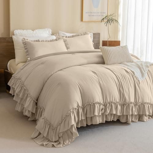 Masaca Ruffled Comforter Set Queen, Farmhouse Boho Chic Linen Feel Bedding