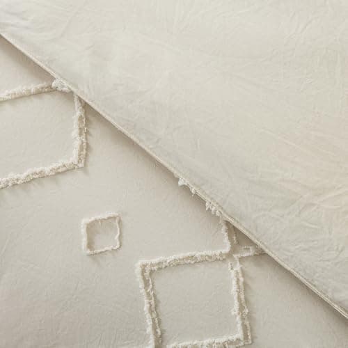 Andency Queen Boho Tufted Comforter Set, Khaki (90x90In Comforter & 2 Pillowcases)