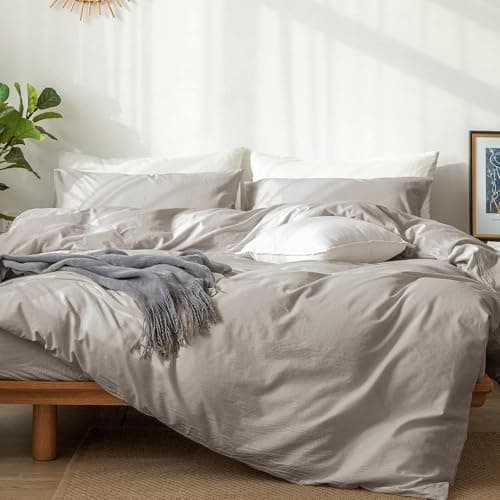 MooMee Queen Duvet Cover Set, Tannish Linen Grey, Breathable & Soft