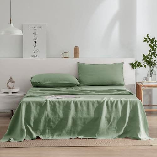 100% French Stonewash Pure Linen Sheets Set, 4Pieces, Suitable for Hot Sleepers, Saga Green, King Size