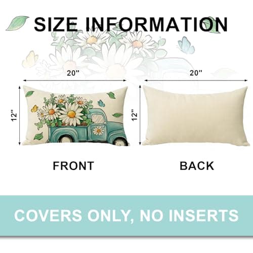 Blue Truck Spring Daisy Flower Eucalyptus Rectangular Throw Pillow Cover