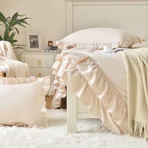 Cupocupa Beige Queen Comforter Set, 3PCs Ruffle Fluffy Bedding