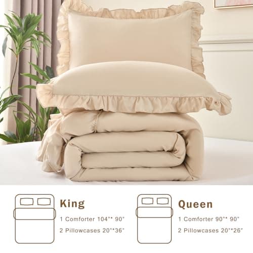 Cupocupa Beige Queen Comforter Set, 3PCs Ruffle Fluffy Bedding
